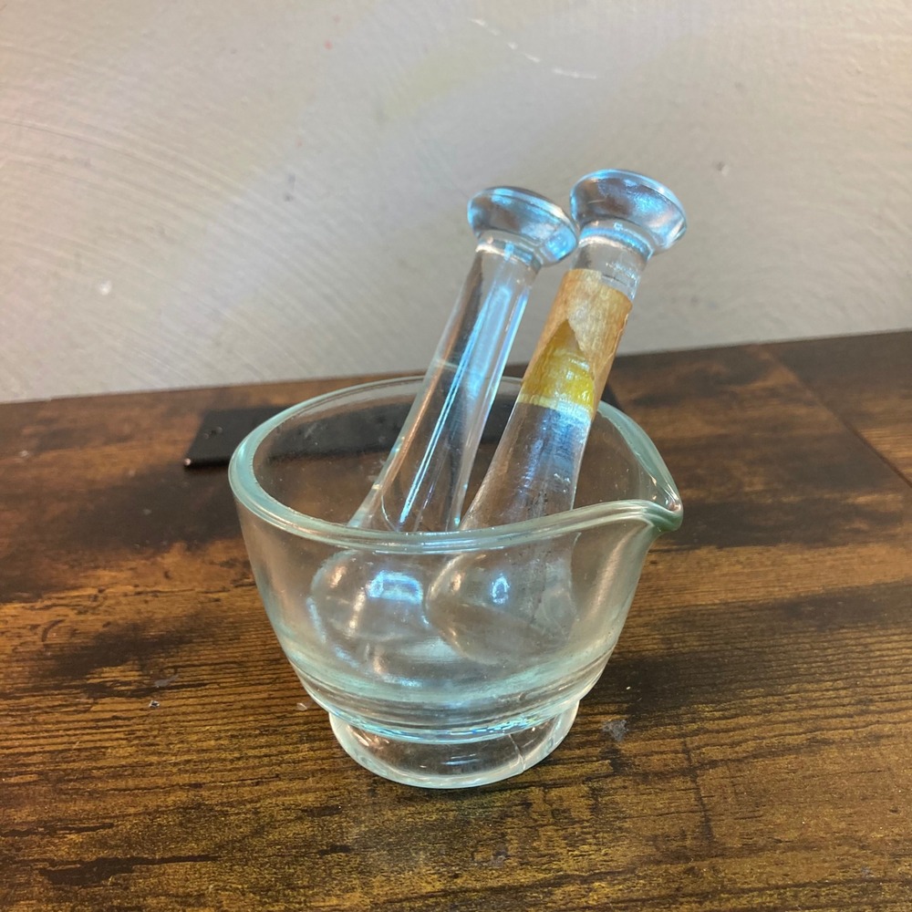 Vintage Glass Mortar and Pestle Set Apothecary Herb Grinder Clear Glass 3 Piece
